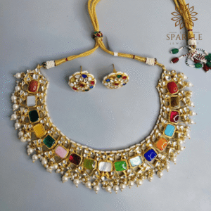 Navratna multicolour jadau pachi kundan 22k gold plated necklace set with pearl drops and earrings by The Sparkle Jewellery