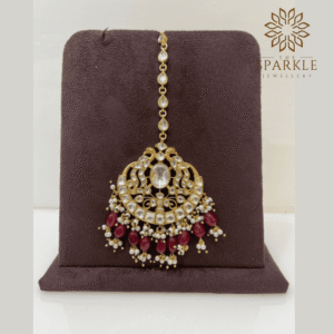 22K Gold Plated Pachi Kundan Jadau Maang Tikka with Ruby Enamel and Emerald Drops – The Sparkle Jewellery