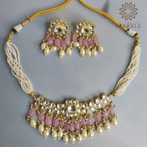 Rosé pink and ivory pearl Jadau kundan gold plated choker necklace set with earrings by The Sparkle Jewellery