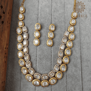 Double line Moissanite Polki necklace set with matching earrings gold plated by The Sparkle Jewellery