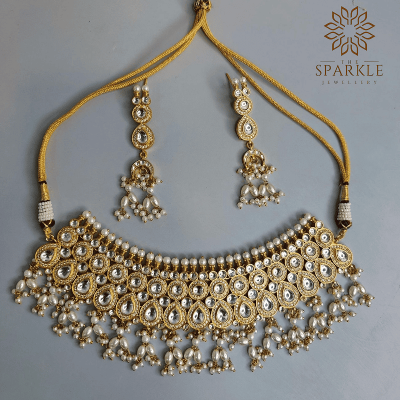 Pearl drop polki kundan choker necklace set with matching earrings in 22k gold plating by The Sparkle Jewellery