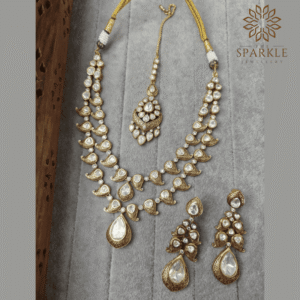 Moissanite Polki Kundan necklace set with earrings and maangtikka gold plated by The Sparkle Jewellery