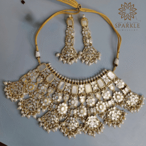 Mother of pearl floral gold plated necklace set with matching earrings and pearl drops by The Sparkle Jewellery