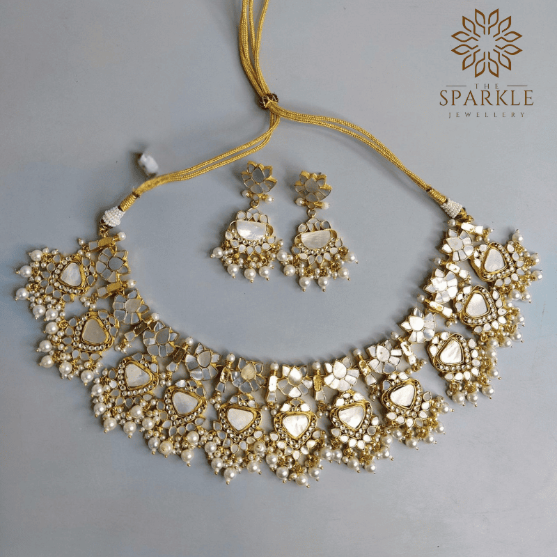 mother of pearl polki gold plated choker necklace set with pearl drops luxury indian jewellery usa uk canada uae