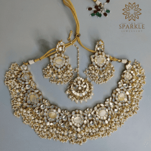 Ivory white mother of pearl MOP 22K gold plated necklace set with pearl white drops and earrings by The Sparkle Jewellery