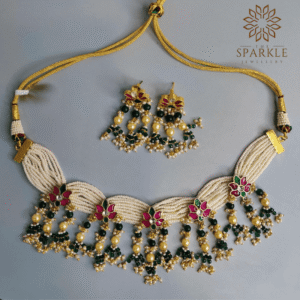 jadau pachi kundan gold plated pearl choker necklace set with green drops luxury indian jewellery usa uk canada uae
