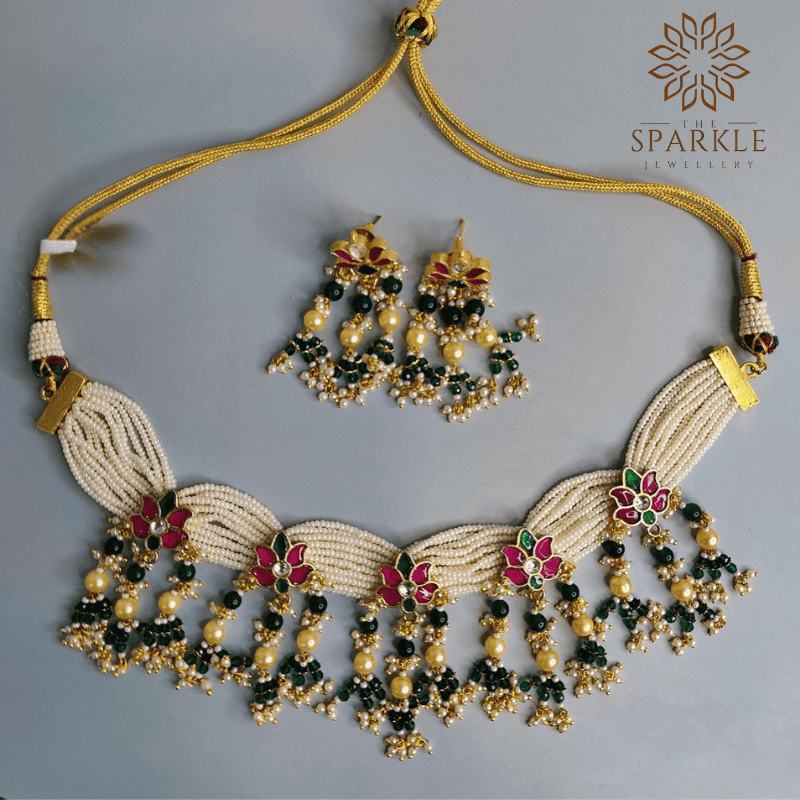 jadau pachi kundan gold plated pearl choker necklace set with green drops luxury indian jewellery usa uk canada uae
