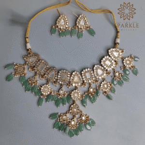 mother of pearl gold plated necklace set with green drops luxury indian jewellery usa uk canada uae