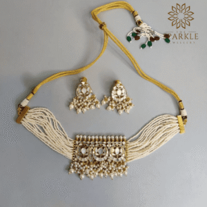 Ivory white mother of pearl MOP 22K gold plated multi strand choker set with pearl drops and earrings by The Sparkle Jewellery