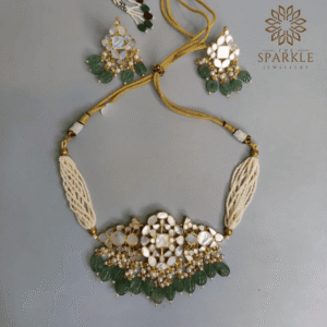 mother of pearl mop gold plated choker necklace set with green drops customisable luxury indian jewellery usa uk canada uae