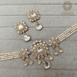 Ivory multi strand pearl Polki Kundan choker necklace set with gold plated earrings by The Sparkle Jewellery