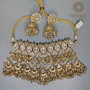 Pearl white Jadau Pachi Kundan 22K gold plated choker set with customisable pearl drops by The Sparkle Jewellery