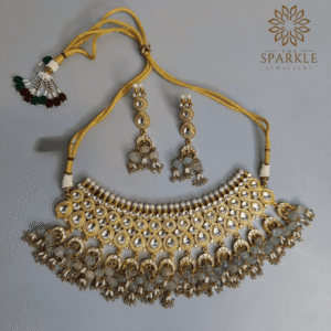 Smoky grey Jadau Pachi Kundan 22K gold plated choker set with matching earrings by The Sparkle Jewellery
