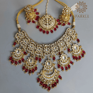 Jadau Pachi Kundan 22K gold plated necklace set with customisable drop colour by The Sparkle Jewellery