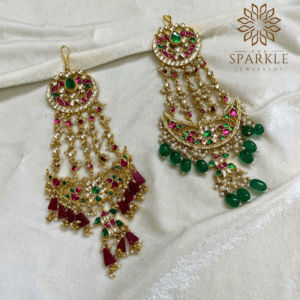 The Sparkle Jewellery multicolor jadau pachi kundan gold plated passa pair with green and maroon bead drops