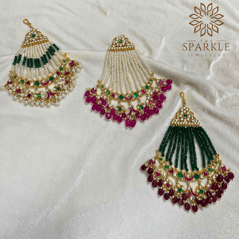 The Sparkle Jewellery multi color pearl jadau pachi kundan gold plated passa side jhumar hair accessory