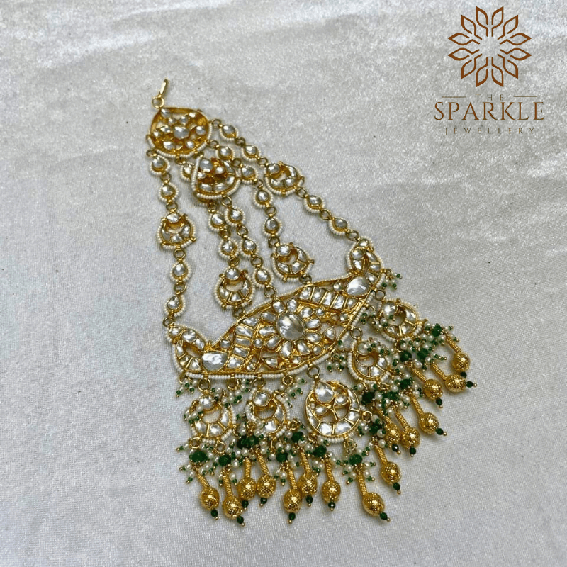 The Sparkle Jewellery green bead drop jadau kundan gold plated passa side jhumar hair accessory