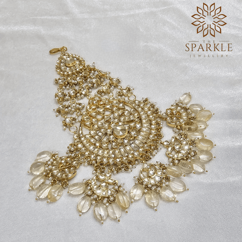 The Sparkle Jewellery ivory champagne jadau kundan gold plated passa side jhumar hair accessory