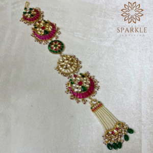 Jadau Pachi Kundan 22K gold plated hair braid jewellery with ruby pink and emerald green stones, pearl tassels South Indian bridal hair accessory by The Sparkle Jewellery