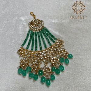 The Sparkle Jewellery mint green beaded jadau kundan gold plated passa side jhumar hair accessory