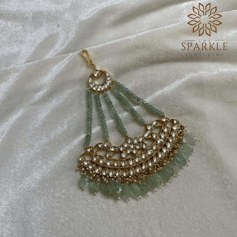 The Sparkle Jewellery mint green jadau pachi kundan gold plated passa side jhumar hair accessory