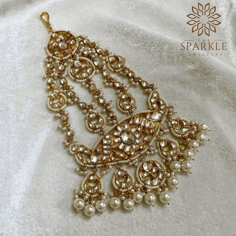 The Sparkle Jewellery pearl layered jadau kundan gold plated passa side jhumar hair accessory