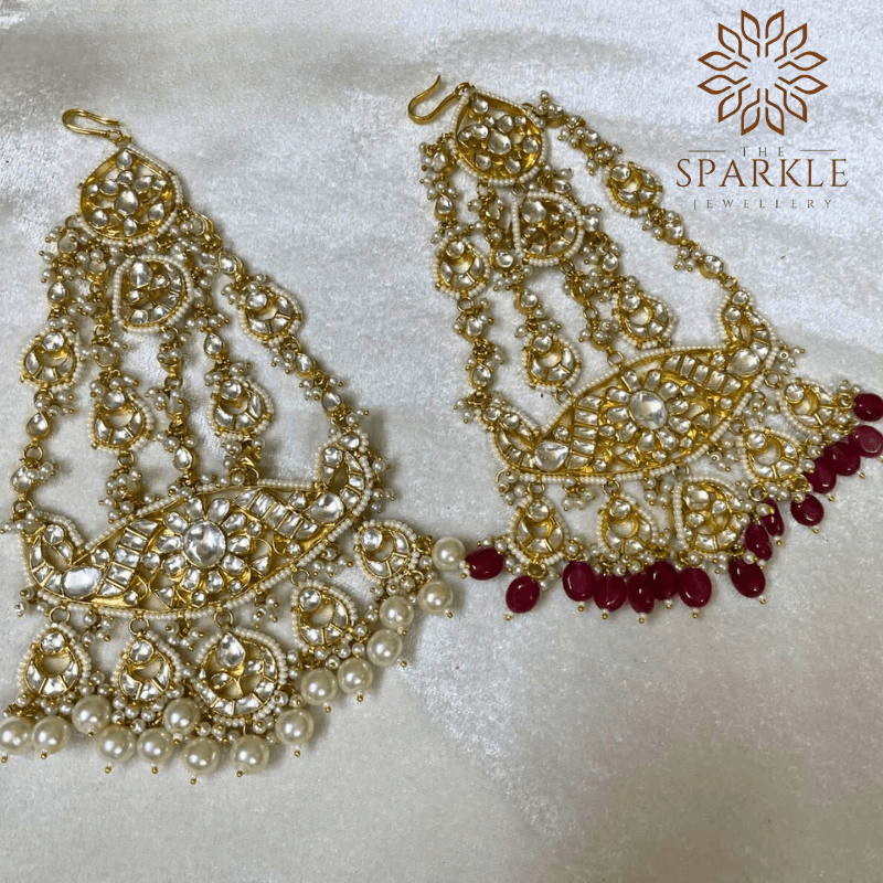 The Sparkle Jewellery pearl white and ruby red drop jadau kundan gold plated passa pair side jhumar hair jewellery