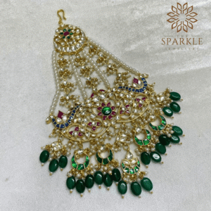 Gold plated Jadau Kundan Passa hair accessory with emerald green gemstone drops traditional Indian jewellery by The Sparkle Jewellery