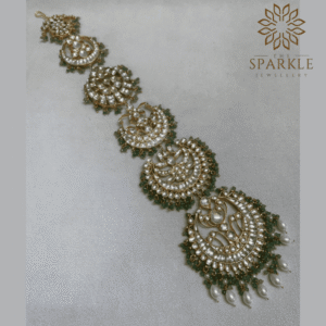 Emerald green border Jadau Kundan 18K gold plated hair braid jewellery with white kundan stones and pearl drops by The Sparkle Jewellery