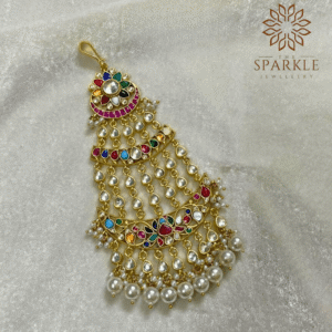 The Sparkle Jewellery multicolor stone jadau kundan gold plated passa with pearl drops