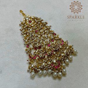 The Sparkle Jewellery ruby pink jadau kundan passa with pearl drops gold plated traditional indian hair accessory