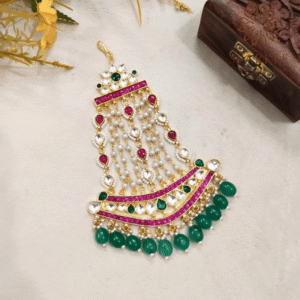 jadau pachi kundan passa hair accessory gold plated with emerald green drops ruby pink stones indian bridal head jewellery worldwide shipping