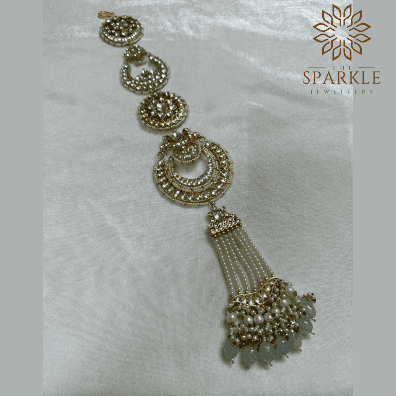 Ivory pearl tassel Jadau Kundan 18K gold plated hair braid jewellery with mint green bead drops by The Sparkle Jewellery