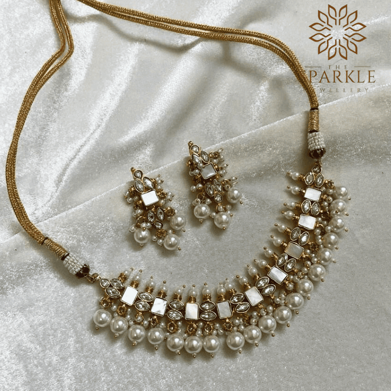 mother of pearl mop jadau style 18k gold plated necklace set with pearl drops luxury indian jewellery worldwide shipping