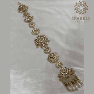 Jadau Kundan 18K gold plated hair braid jewellery with white pearl drop tassels by The Sparkle Jewellery