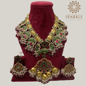 The Sparkle Jewellery green ruby jadau kundan bridal necklace set 18k gold plated with earrings and pendant