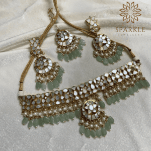 mother of pearl mop jadau gold plated necklace set with mint green drops luxury indian jewellery worldwide shipping