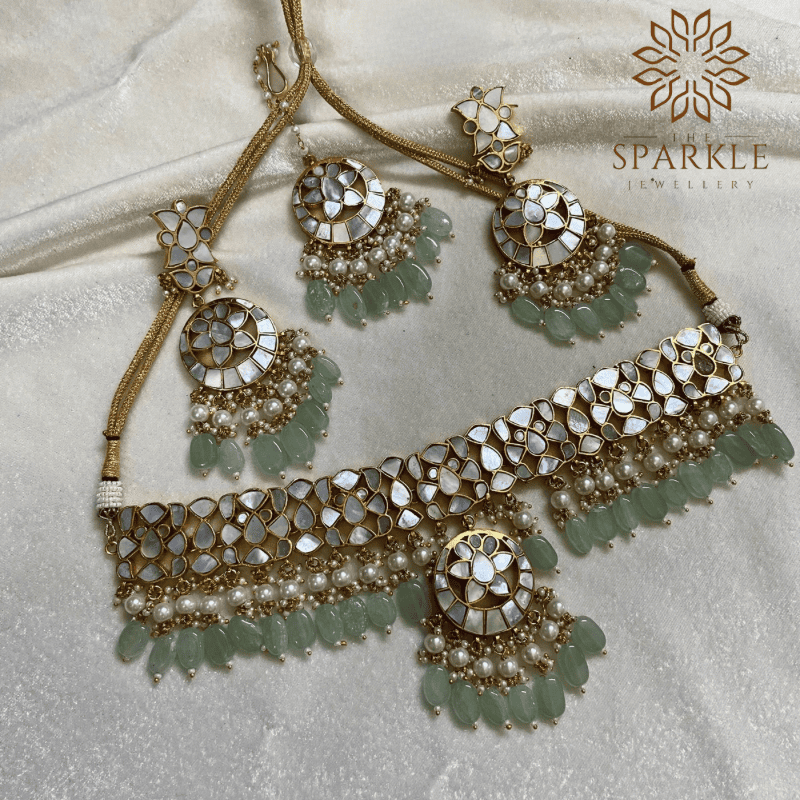 mother of pearl mop jadau gold plated necklace set with mint green drops luxury indian jewellery worldwide shipping