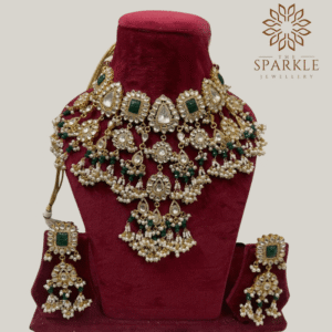 The Sparkle Jewellery green stone jadau pachi kundan gold plated bridal necklace set with pearl drop earrings