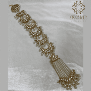 Jadau kundan 18K gold plated hair braid jewellery with ivory pearl tassel drops by The Sparkle Jewellery