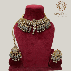 The Sparkle Jewellery grey beads jadau kundan choker necklace set with pearl detailing 18k gold plated