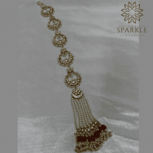 Jadau kundan 18K gold plated hair braid jewellery with ivory pearl strands and maroon bead tassel drops by The Sparkle Jewellery