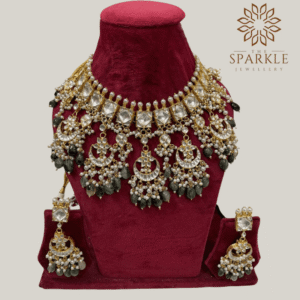 The Sparkle Jewellery green beads jadau kundan choker necklace set with earrings 18k gold plated