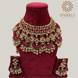 The Sparkle Jewellery ruby pink jadau kundan choker necklace set with pearl detailing 18k gold plated