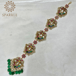 Multicolor jadau kundan 18K gold plated hair braid jewellery with green bead drops pearl clusters and ruby pink accents by The Sparkle Jewellery
