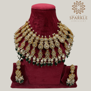 The Sparkle Jewellery green pearl drop jadau pachi kundan gold plated bridal necklace set with matching earrings