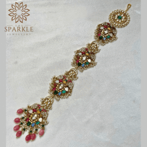Multicolor jadau kundan hair braid jewellery with pink bead drops green accents pearl clusters 18k gold plated by The Sparkle Jewellery
