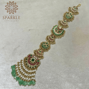 jadau pachi kundan hair braid jewellery sea green mint bead drops ivory pearl tassels ruby pink kundan champagne white stones 18k gold plated the sparkle jewellery