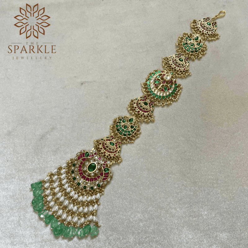 jadau pachi kundan hair braid jewellery sea green mint bead drops ivory pearl tassels ruby pink kundan champagne white stones 18k gold plated the sparkle jewellery