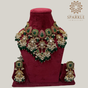 The Sparkle Jewellery green jadau pachi kundan gold plated bridal necklace set with matching earrings